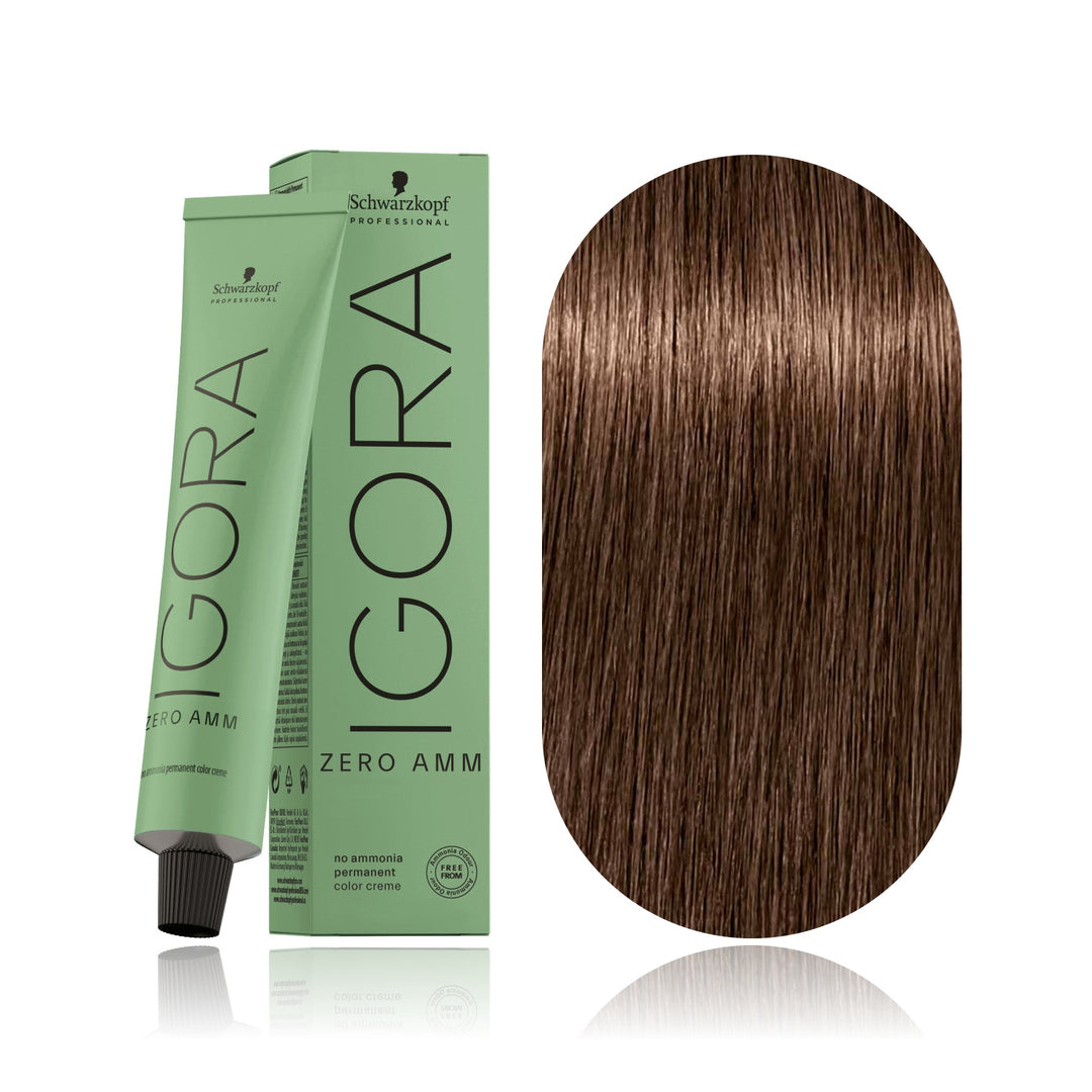 Schwarzkopf IGORA ZERO AMM 6-46 Dark Blonde Beige Chocolate no ammonia permanent hair color tube, box and hair swatch