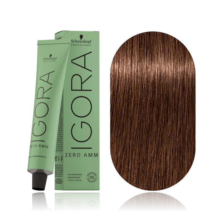 Schwarzkopf IGORA ZERO AMM 6-6 Dark Blonde Chocolate no ammonia permanent hair color tube, box and hair swatch