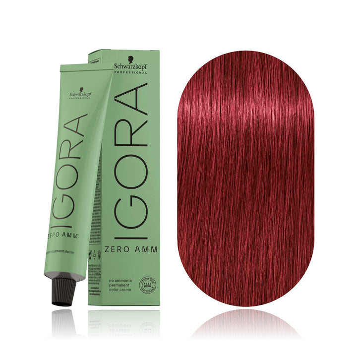 Schwarzkopf IGORA ZERO AMM 6-88 Dark Blonde Red Extra no ammonia permanent hair color tube, box and hair swatch