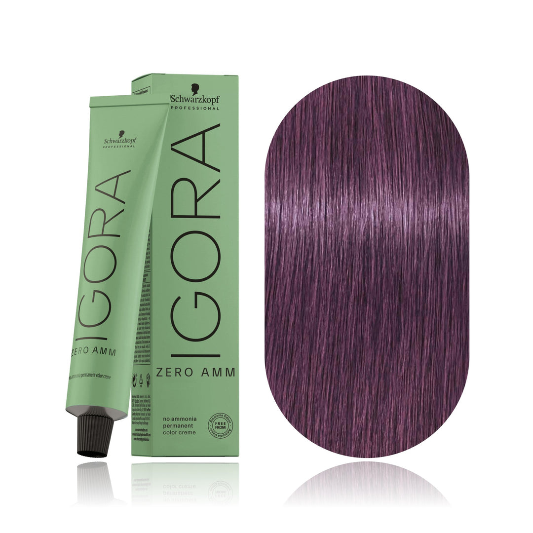 Schwarzkopf IGORA ZERO AMM 6-99 Dark Blonde Violet Extra no ammonia permanent hair color tube, box and hair swatch