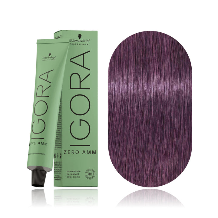Schwarzkopf IGORA ZERO AMM 6-99 Dark Blonde Violet Extra no ammonia permanent hair color tube, box and hair swatch