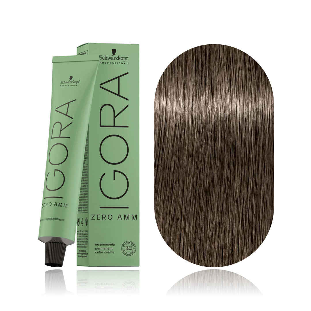 Schwarzkopf IGORA ZERO AMM 7-1 Medium Blonde Cendré no ammonia permanent hair color tube, box and hair swatch