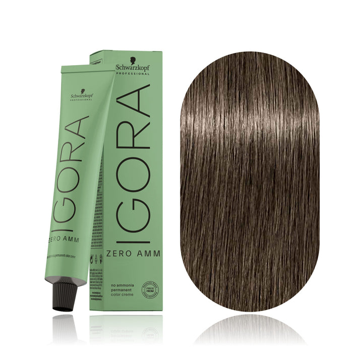 Schwarzkopf IGORA ZERO AMM 7-1 Medium Blonde Cendré no ammonia permanent hair color tube, box and hair swatch