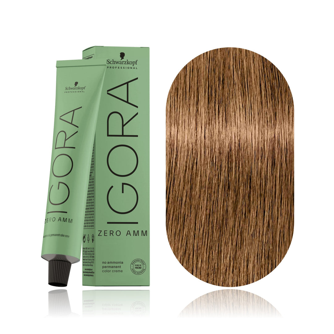 Schwarzkopf IGORA ZERO AMM 7-50 Medium Blonde Gold Natural no ammonia permanent hair color tube, box and hair swatch