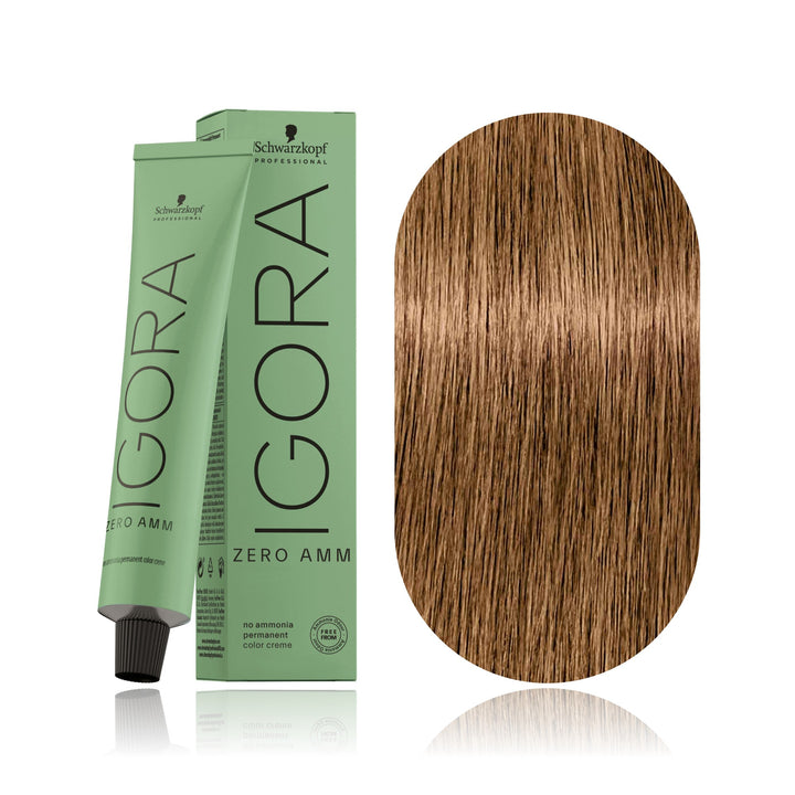 Schwarzkopf IGORA ZERO AMM 7-50 Medium Blonde Gold Natural no ammonia permanent hair color tube, box and hair swatch