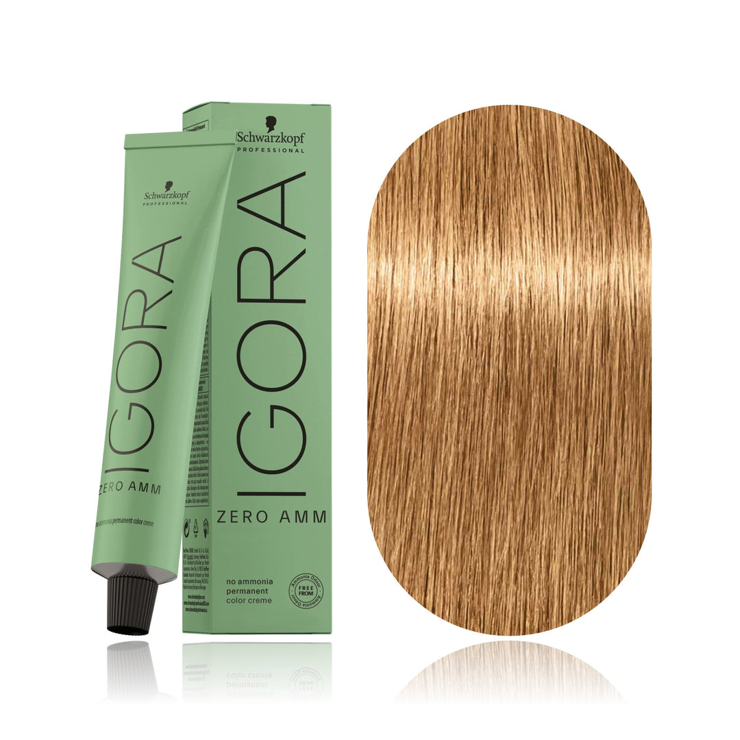 Schwarzkopf IGORA ZERO AMM 7-55 Medium Blonde Gold Extra no ammonia permanent hair color tube, box and hair swatch