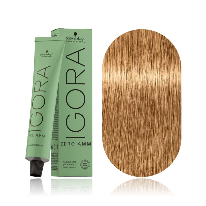 Schwarzkopf IGORA ZERO AMM 7-55 Medium Blonde Gold Extra no ammonia permanent hair color tube, box and hair swatch