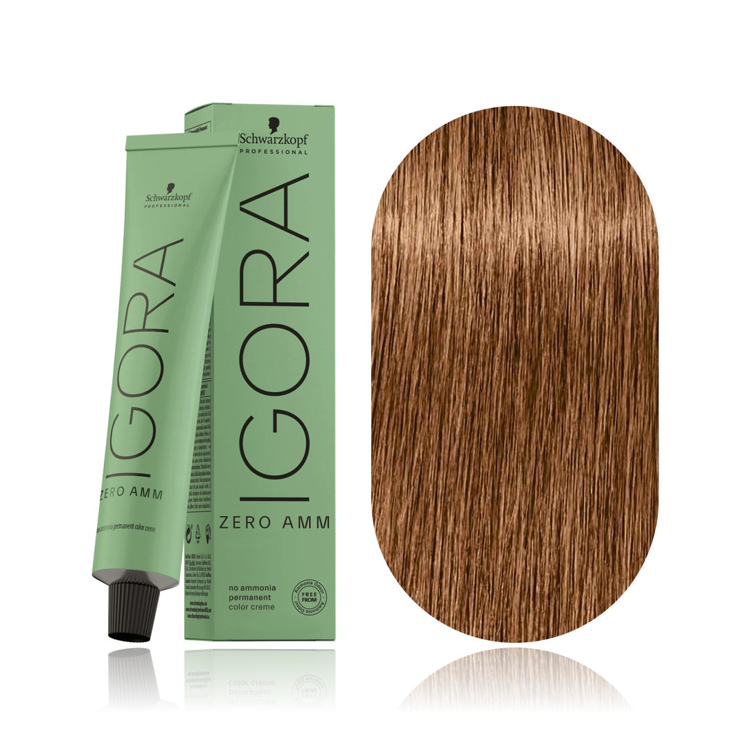 Schwarzkopf IGORA ZERO AMM 7-60 Medium Blonde Chocolate Natural no ammonia permanent hair color tube, box and hair swatch