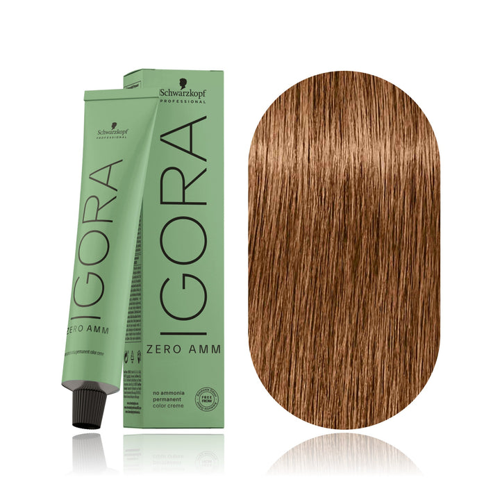 Schwarzkopf IGORA ZERO AMM 7-60 Medium Blonde Chocolate Natural no ammonia permanent hair color tube, box and hair swatch