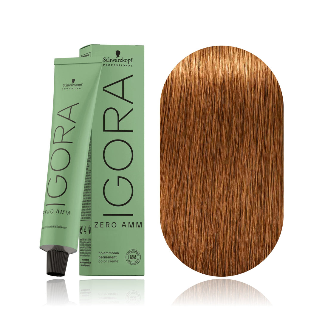 Schwarzkopf IGORA ZERO AMM 7-67 Medium Blonde Chocolate Copper no ammonia permanent hair color tube, box and hair swatch