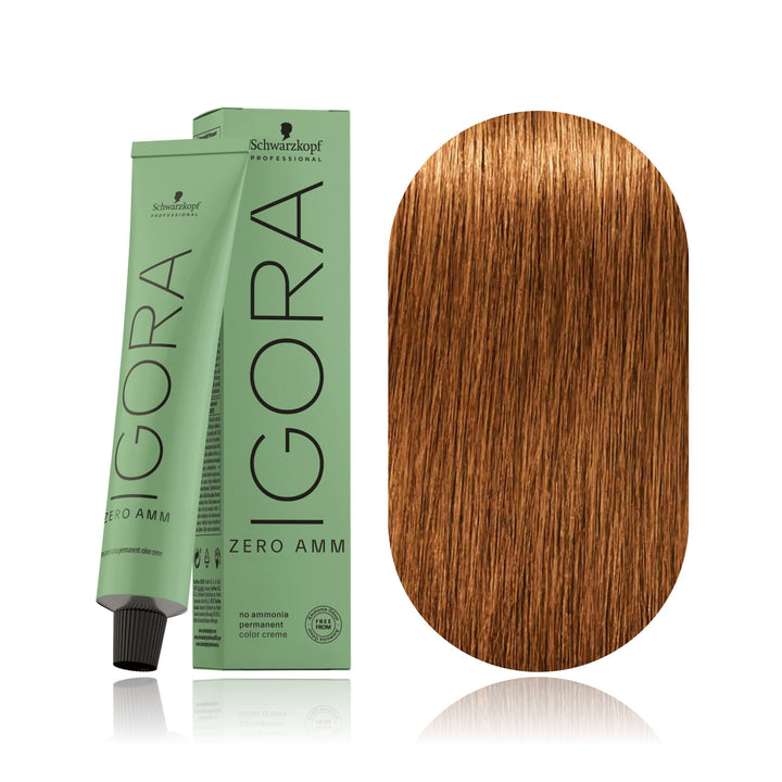 Schwarzkopf IGORA ZERO AMM 7-67 Medium Blonde Chocolate Copper no ammonia permanent hair color tube, box and hair swatch