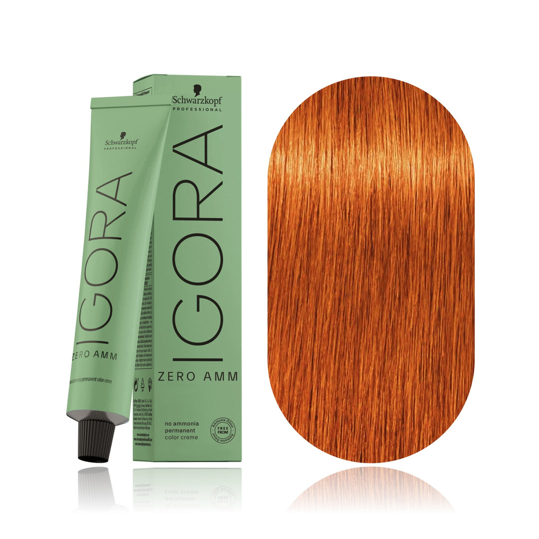 Schwarzkopf IGORA ZERO AMM 7-77 Medium Blonde Copper Extra no ammonia permanent hair color tube, box and hair swatch