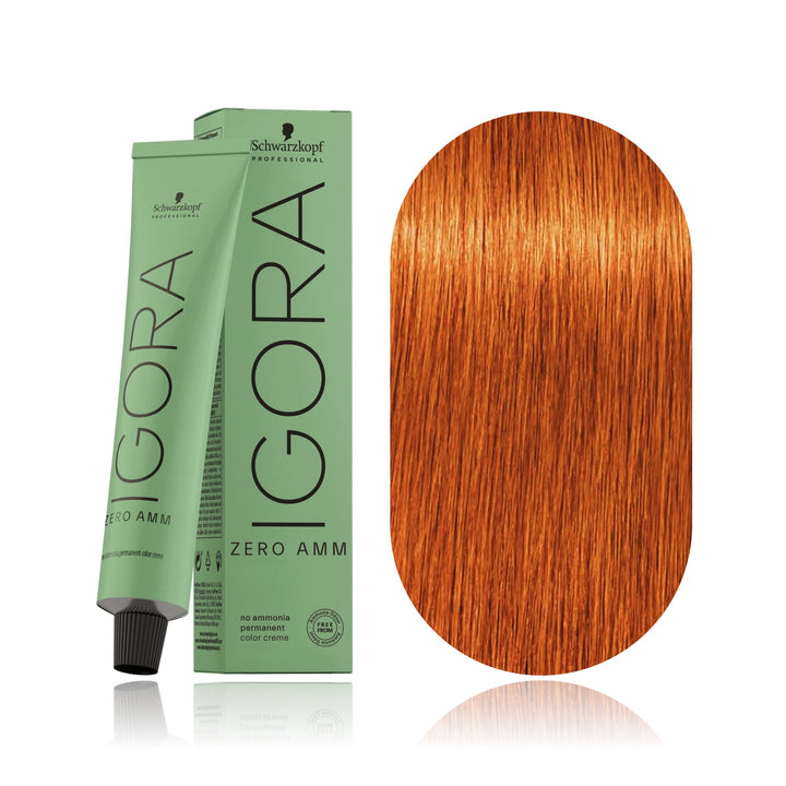 Schwarzkopf IGORA ZERO AMM 7-77 Medium Blonde Copper Extra no ammonia permanent hair color tube, box and hair swatch
