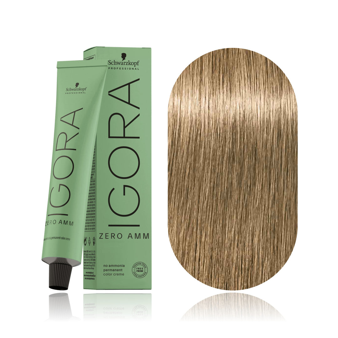 Schwarzkopf IGORA ZERO AMM 8-0 Light Blonde Natural no ammonia permanent hair color tube, box and hair swatch