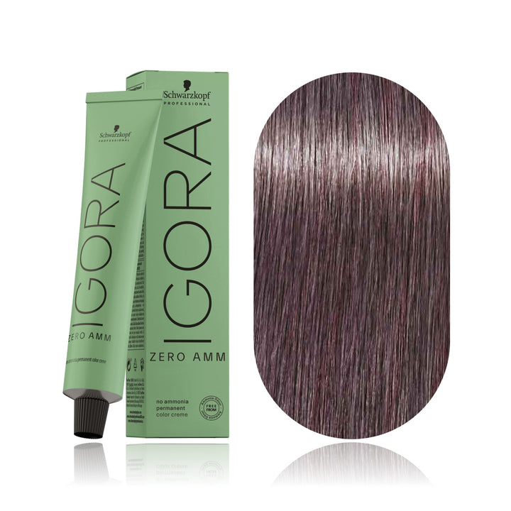 Schwarzkopf IGORA ZERO AMM 8-19 Light Blonde Cendré Violet no ammonia permanent hair color tube, box and hair swatch