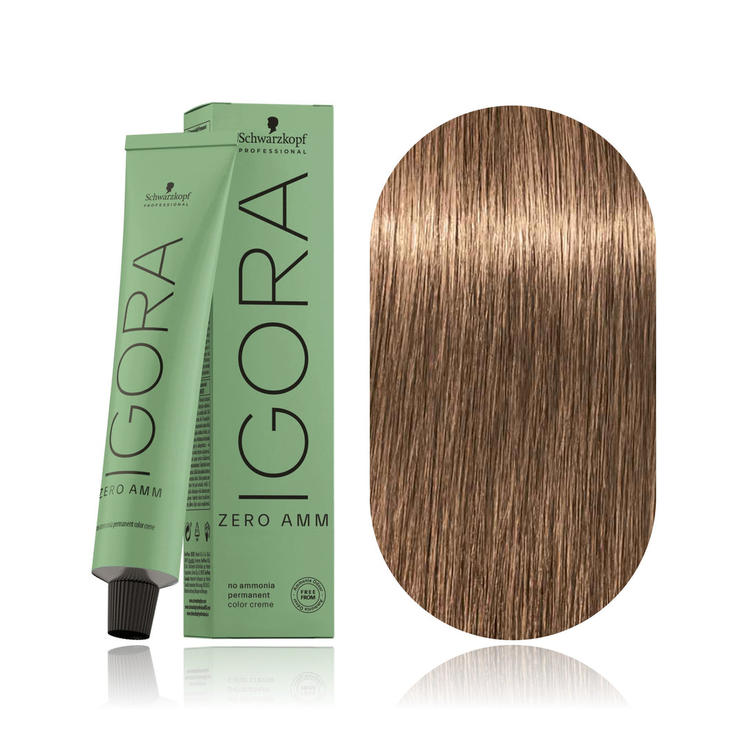 Schwarzkopf IGORA ZERO AMM 8-46 Light Blonde Beige Chocolate no ammonia permanent hair color tube, box and hair swatch