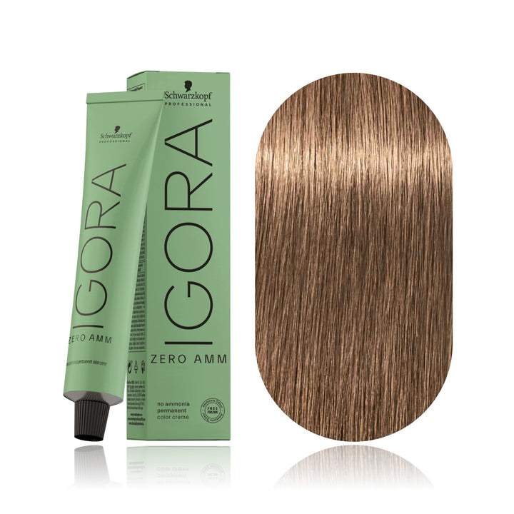 Schwarzkopf IGORA ZERO AMM 8-46 Light Blonde Beige Chocolate no ammonia permanent hair color tube, box and hair swatch