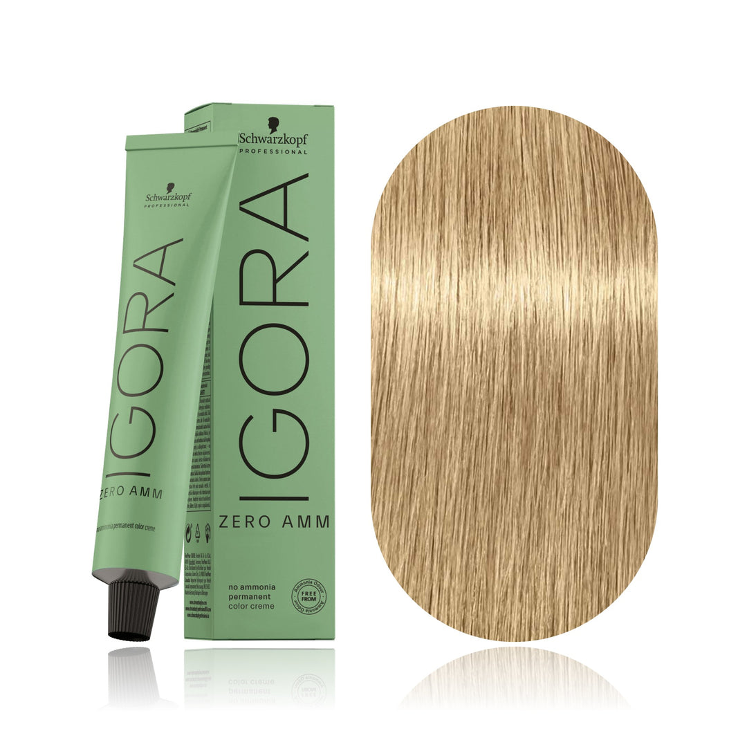 Schwarzkopf IGORA ZERO AMM 9-0 Extra Light Blonde Natural no ammonia permanent hair color tube, box and hair swatch