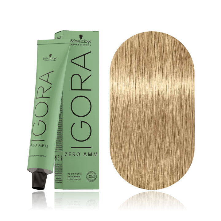 Schwarzkopf IGORA ZERO AMM 9-0 Extra Light Blonde Natural no ammonia permanent hair color tube, box and hair swatch