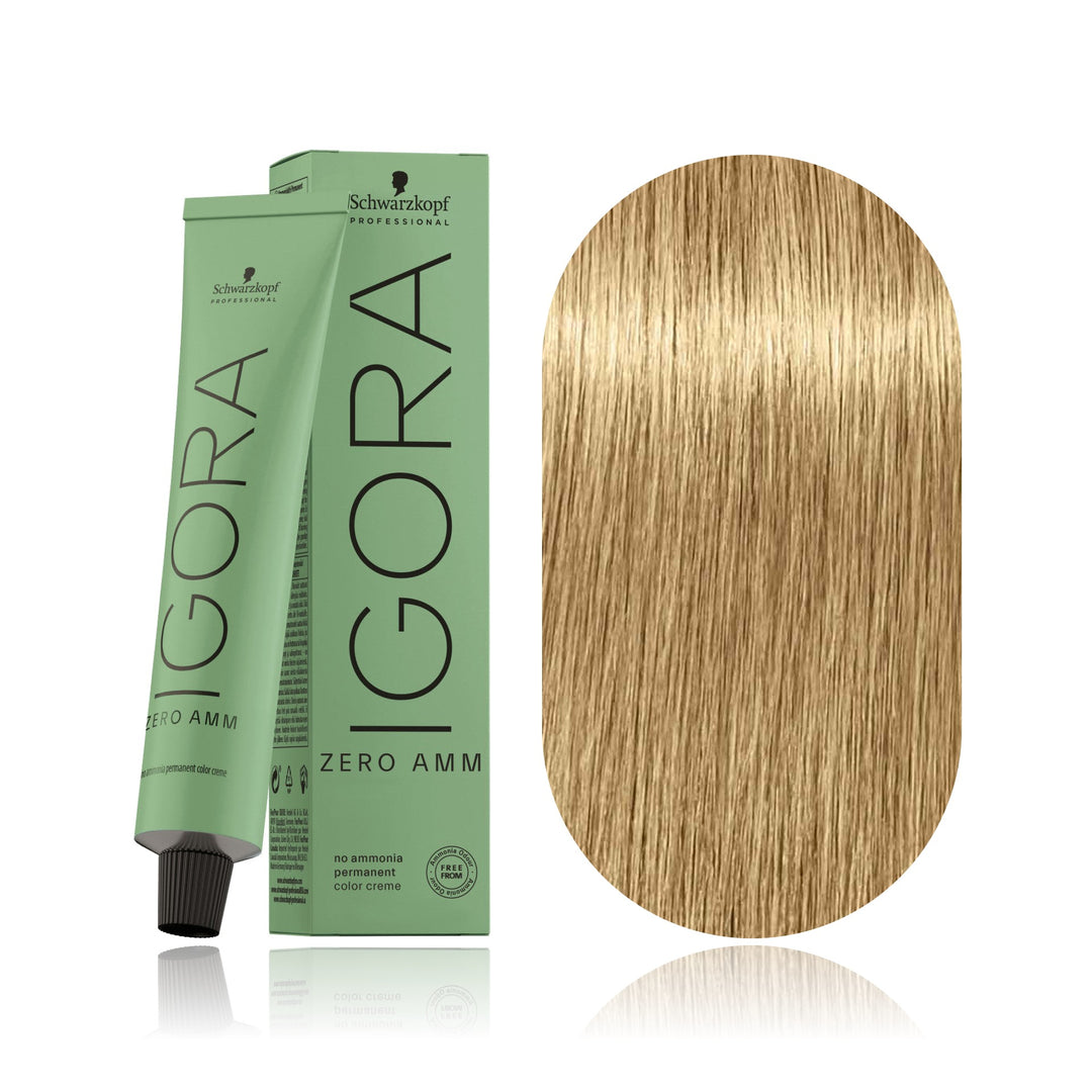 Schwarzkopf IGORA ZERO AMM 9-00 Extra Light Blonde Natural Extra no ammonia permanent hair color tube, box and hair swatch