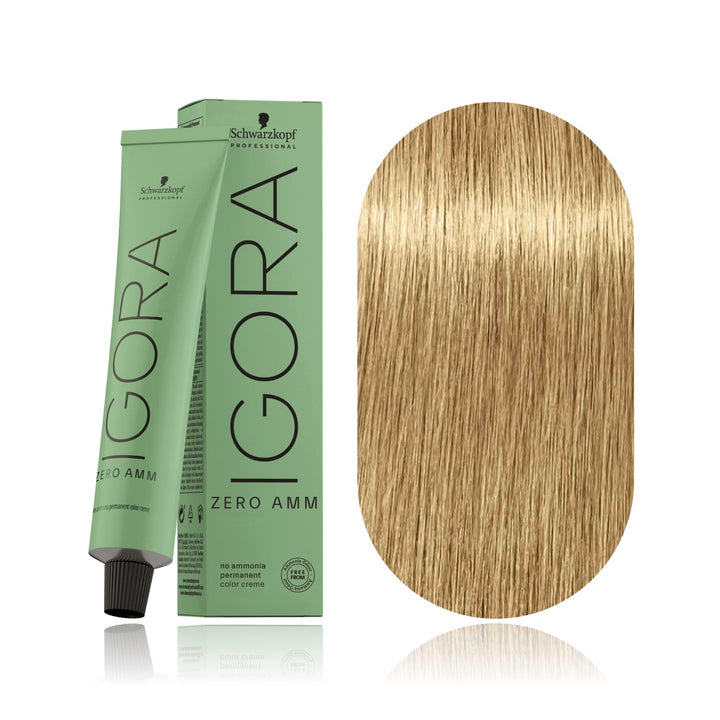 Schwarzkopf IGORA ZERO AMM 9-00 Extra Light Blonde Natural Extra no ammonia permanent hair color tube, box and hair swatch