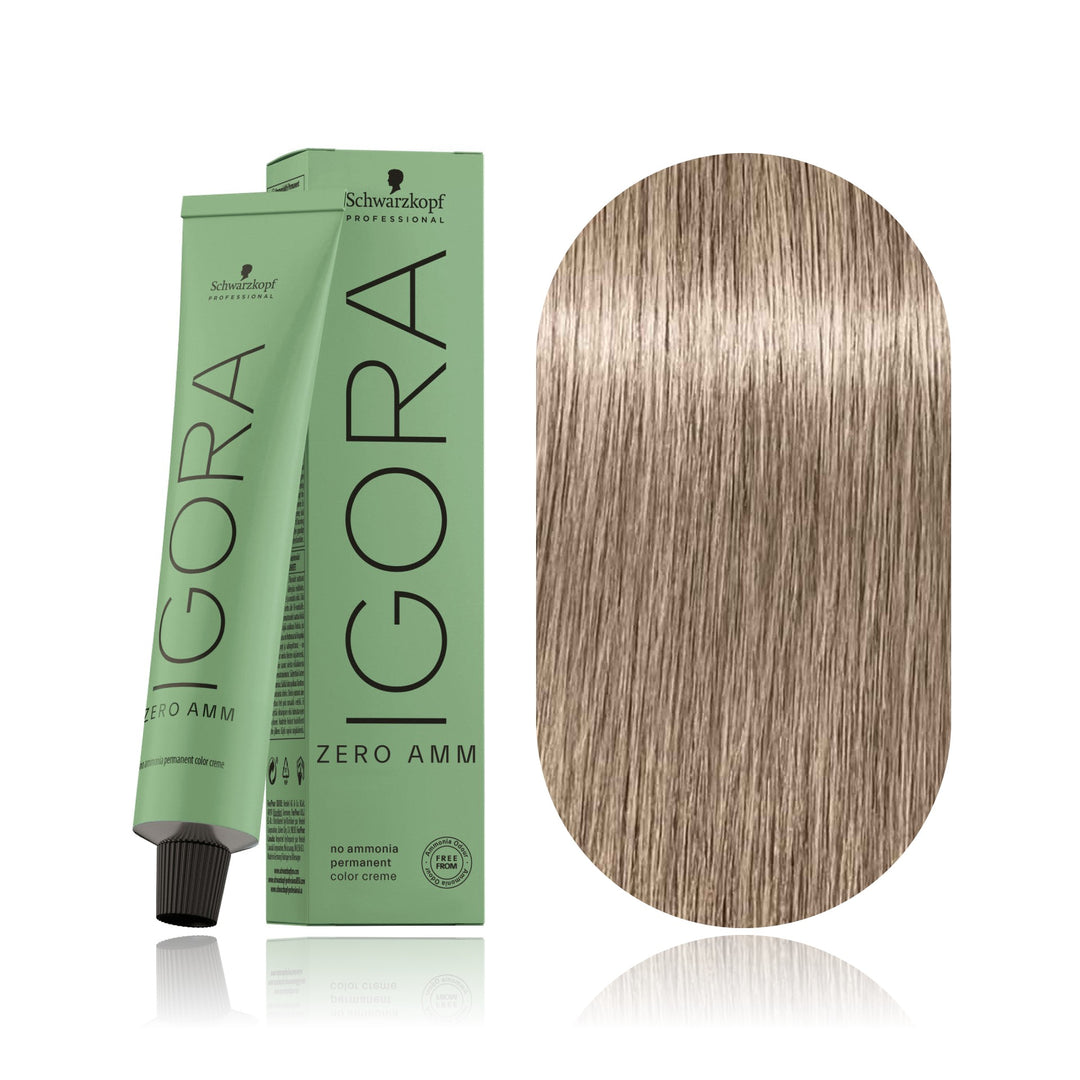 Schwarzkopf IGORA ZERO AMM 9-1 Extra Light Blonde Cendré no ammonia permanent hair color tube, box and hair swatch