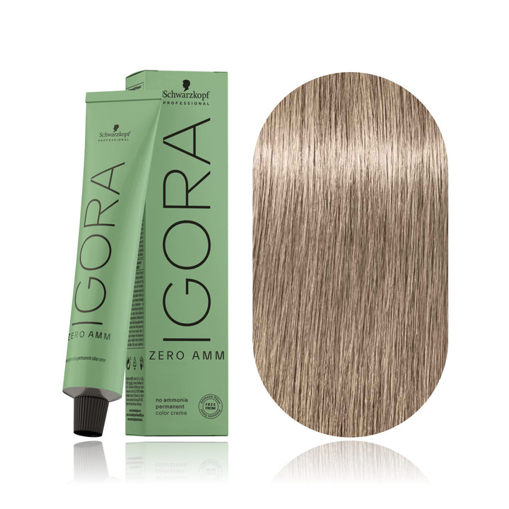 Schwarzkopf IGORA ZERO AMM 9-1 Extra Light Blonde Cendré no ammonia permanent hair color tube, box and hair swatch