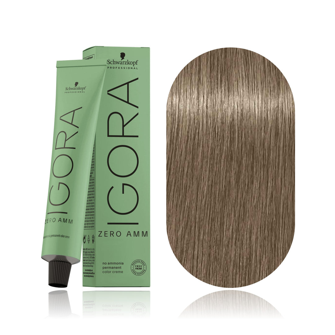 Schwarzkopf IGORA ZERO AMM 9-42 Extra Light Blonde Beige Ash no ammonia permanent hair color tube, box and hair swatch