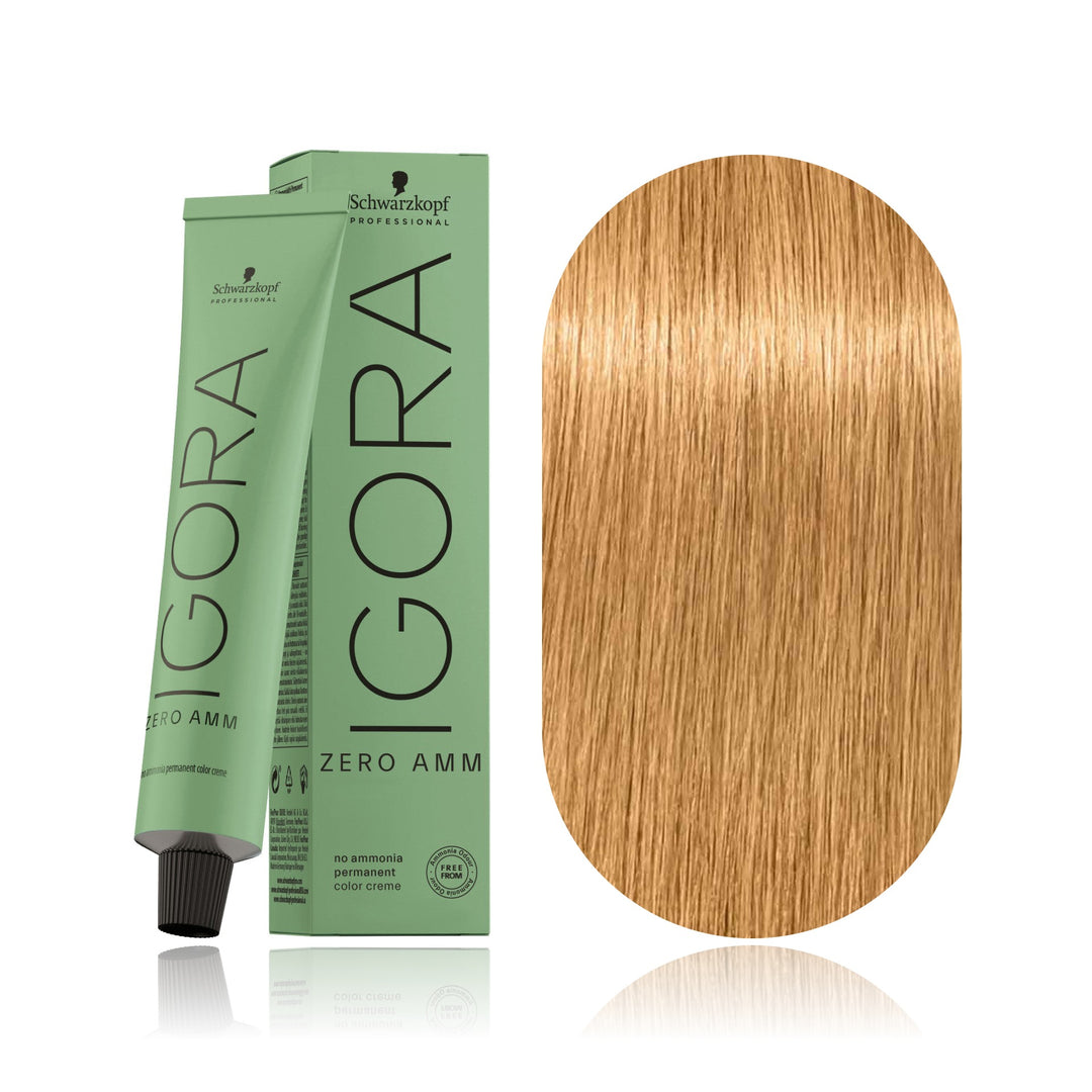Schwarzkopf IGORA ZERO AMM 9-50 Extra Light Blonde Gold Natural no ammonia permanent hair color tube, box and hair swatch