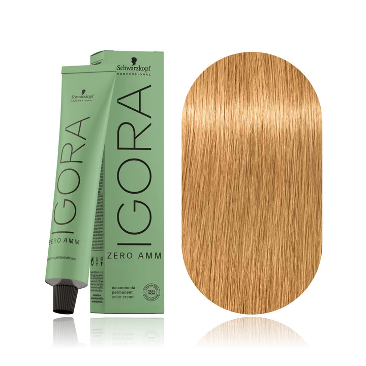 Schwarzkopf IGORA ZERO AMM 9-50 Extra Light Blonde Gold Natural no ammonia permanent hair color tube, box and hair swatch