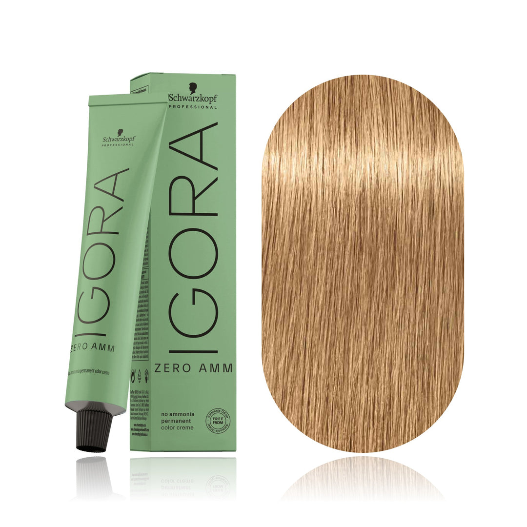 Schwarzkopf IGORA ZERO AMM 9-55 Extra Light Blonde Gold Extra no ammonia permanent hair color tube, box and hair swatch