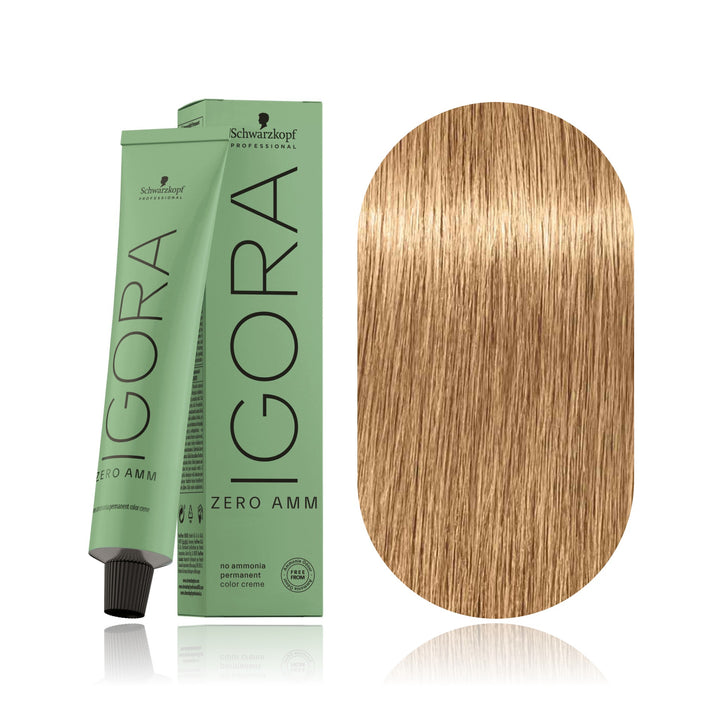 Schwarzkopf IGORA ZERO AMM 9-55 Extra Light Blonde Gold Extra no ammonia permanent hair color tube, box and hair swatch