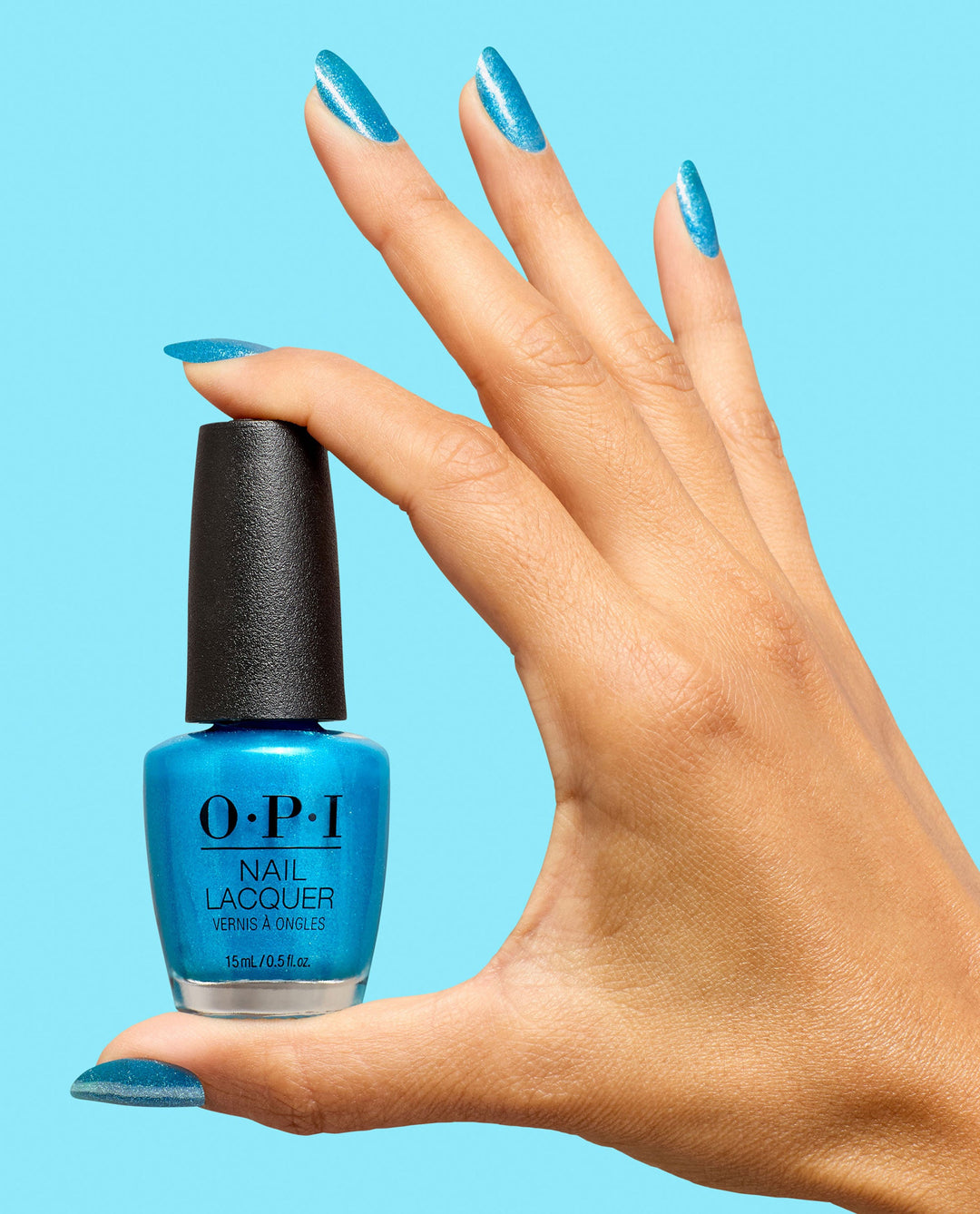 OPI Nail Lacquer Sky Blue's the Limit - hand and bottle